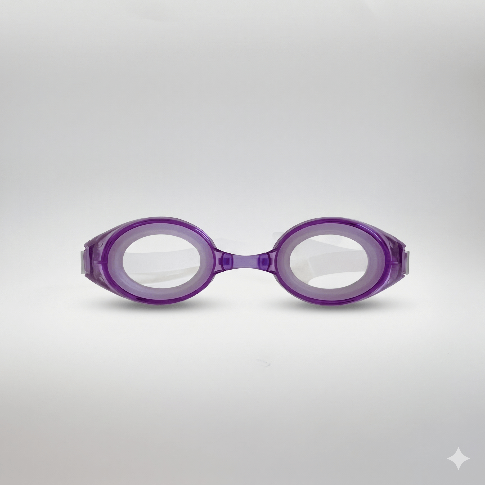Clear purple kids prescription swim goggles featuring soft leakproof silicone seals and a split head strap for children's optical eye protection in the pool.