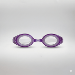Clear purple kids prescription swim goggles featuring soft leakproof silicone seals and a split head strap for children's optical eye protection in the pool.
