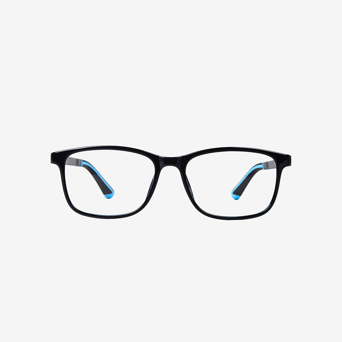Minimuse youth rectangle glasses in a polished black frame with bright blue accents, showing flexible spring hinges and adjustable temple tips for teens 10+. Front view.