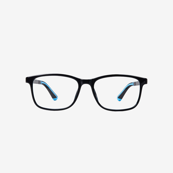 Minimuse youth rectangle glasses in a polished black frame with bright blue accents, showing flexible spring hinges and adjustable temple tips for teens 10+. Front view.