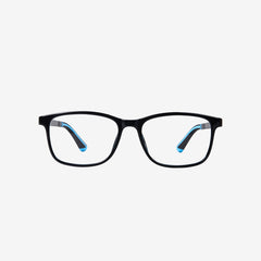 Minimuse youth rectangle glasses in a polished black frame with bright blue accents, showing flexible spring hinges and adjustable temple tips for teens 10+. Front view.