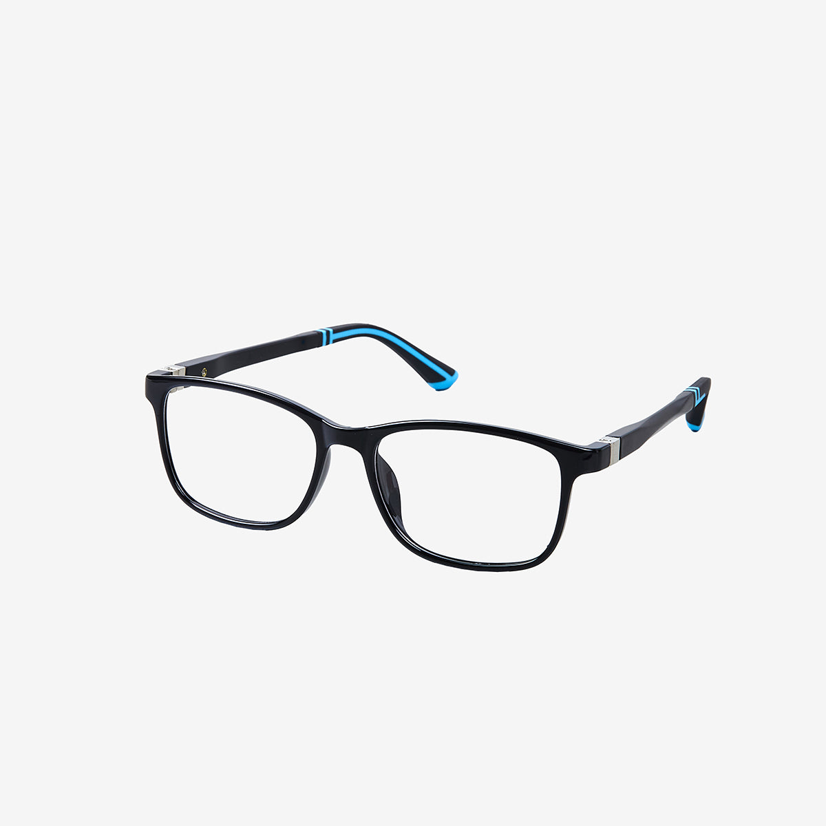 Minimuse youth rectangle glasses in a polished black frame with bright blue accents, showing flexible spring hinges and adjustable temple tips for teens 10+. Side view.
