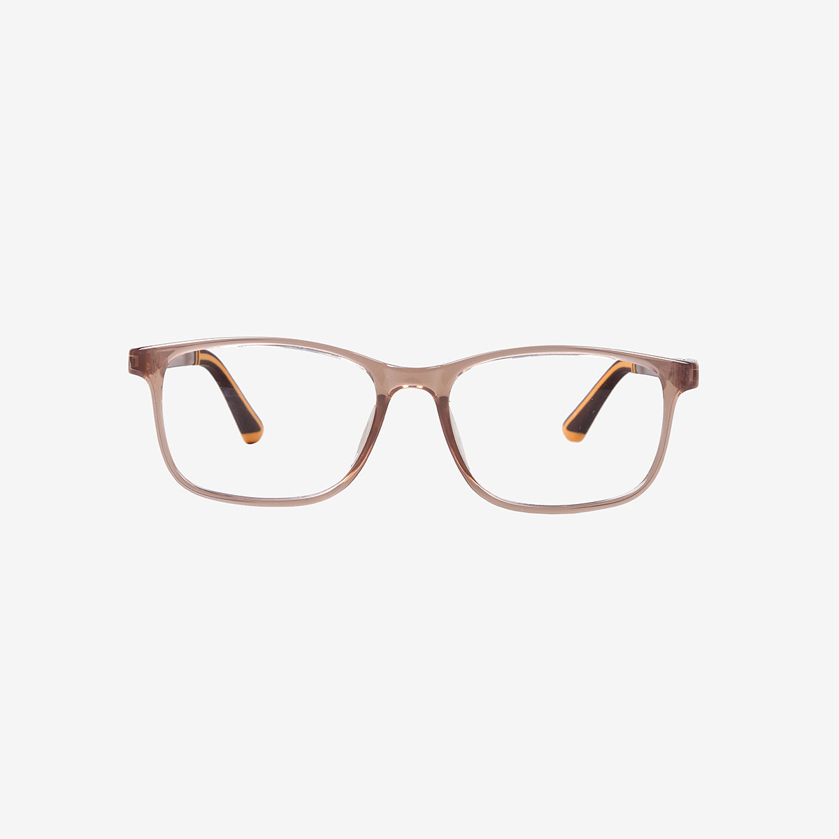 Minimuse youth rectangle glasses in a brown frame with bright orange accents, showing flexible spring hinges and adjustable temple tips for teens 10+. Front view.
