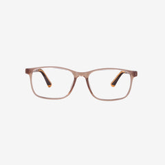Minimuse youth rectangle glasses in a brown frame with bright orange accents, showing flexible spring hinges and adjustable temple tips for teens 10+. Front view.
