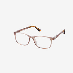 Minimuse youth rectangle glasses in a brown frame with bright orange accents, showing flexible spring hinges and adjustable temple tips for teens 10+. Side view.
