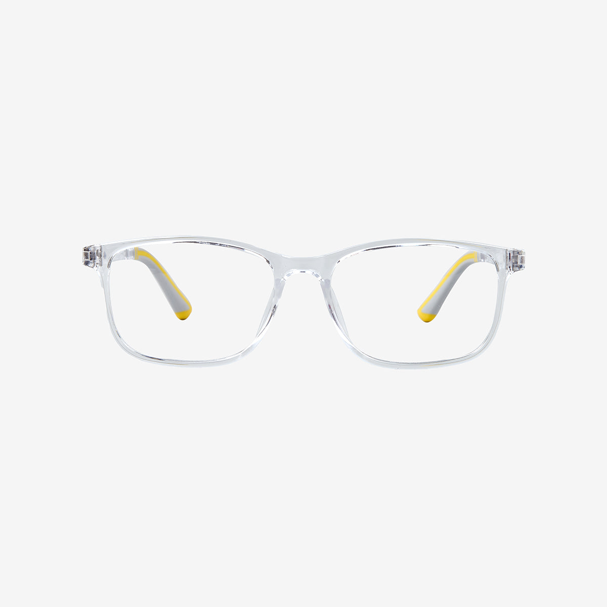 Minimuse youth rectangle glasses in a transparent clear frame with bright yellow accents, showing flexible spring hinges and adjustable temple tips for teens 10+. Front view.
