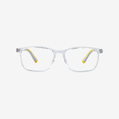 Minimuse youth rectangle glasses in a transparent clear frame with bright yellow accents, showing flexible spring hinges and adjustable temple tips for teens 10+. Front view.
