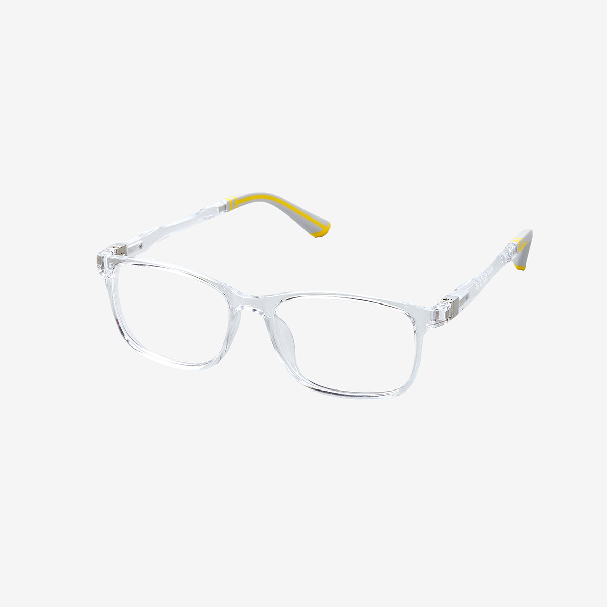 Minimuse youth rectangle glasses in a transparent clear frame with bright yellow accents, showing flexible spring hinges and adjustable temple tips for teens 10+. Side view.
