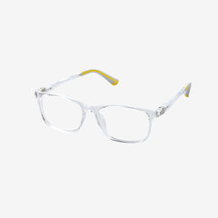 Minimuse youth rectangle glasses in a transparent clear frame with bright yellow accents, showing flexible spring hinges and adjustable temple tips for teens 10+. Side view.
