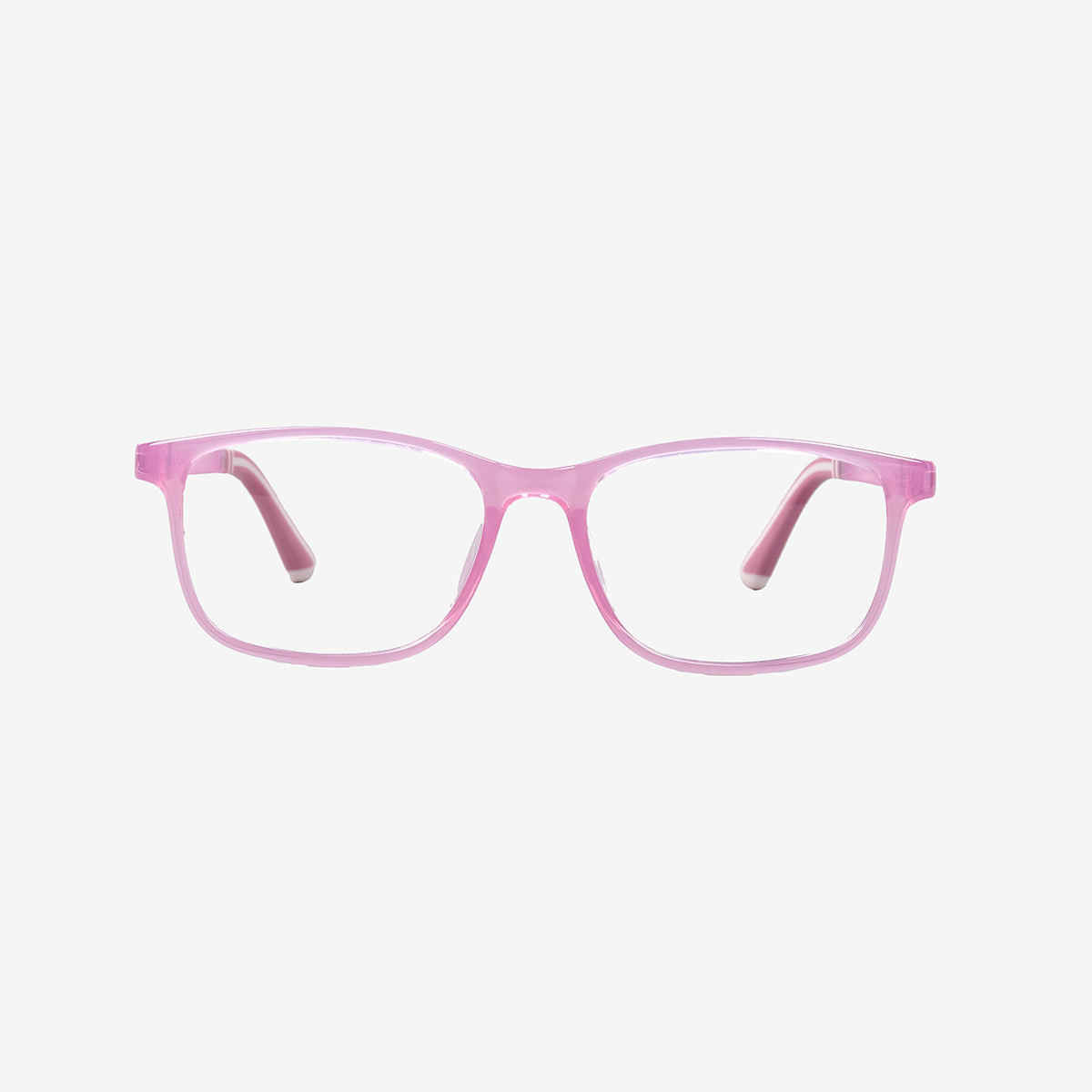 Minimuse youth rectangle glasses in a transparent pink frame with bright white accents, showing flexible spring hinges and adjustable temple tips for teens 10+. Front view.
