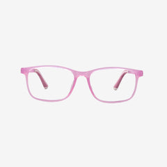 Minimuse youth rectangle glasses in a transparent pink frame with bright white accents, showing flexible spring hinges and adjustable temple tips for teens 10+. Front view.
