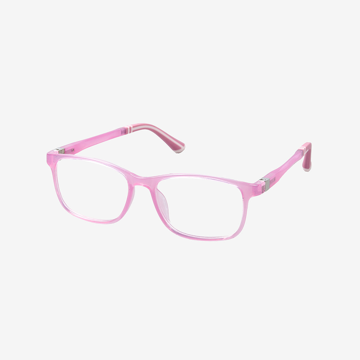 Minimuse youth rectangle glasses in a transparent pink frame with bright white accents, showing flexible spring hinges and adjustable temple tips for teens 10+. Side view.
