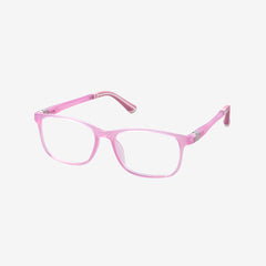Minimuse youth rectangle glasses in a transparent pink frame with bright white accents, showing flexible spring hinges and adjustable temple tips for teens 10+. Side view.
