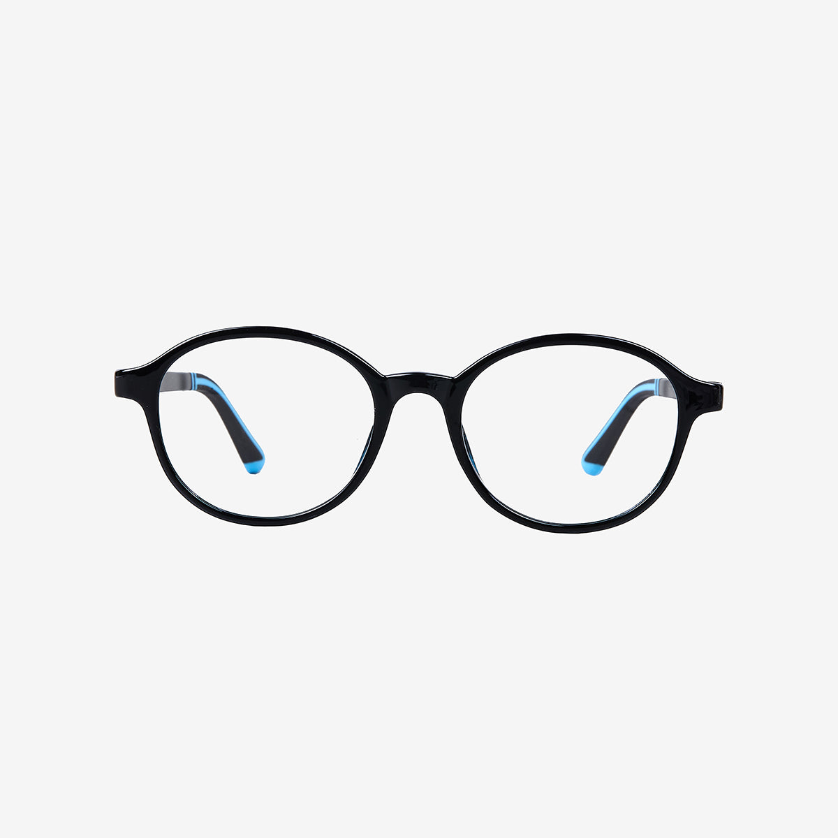 Minimuse kids round glasses in black frames featuring flexible spring hinges and adjustable temple tips for children ages 4-6. Front view.

