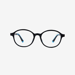 Minimuse kids round glasses in black frames featuring flexible spring hinges and adjustable temple tips for children ages 4-6. Front view.
