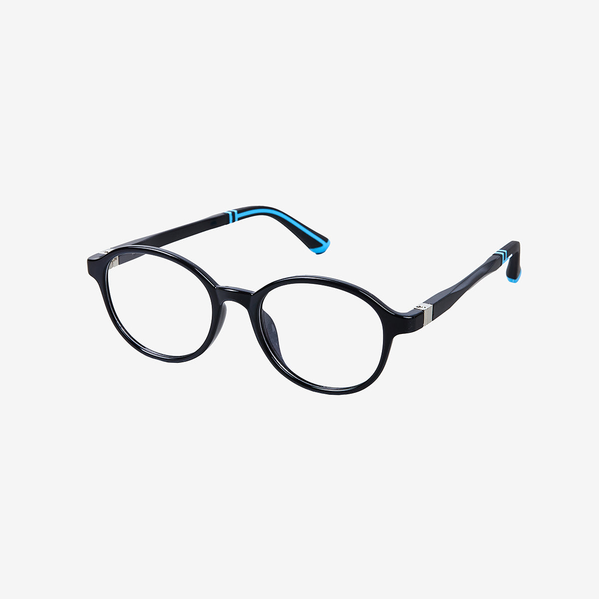 Minimuse kids round glasses in black frames featuring flexible spring hinges and adjustable temple tips for children ages 4-6. Side view.

