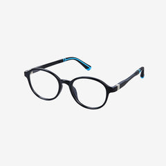 Minimuse kids round glasses in black frames featuring flexible spring hinges and adjustable temple tips for children ages 4-6. Side view.
