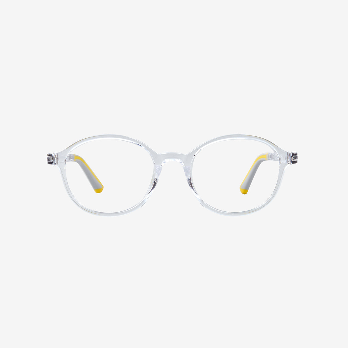 Minimuse kids round glasses in clear  transparent frames featuring flexible spring hinges and adjustable temple tips for children ages 4-6. Front view.
