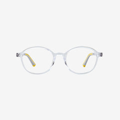 Minimuse kids round glasses in clear  transparent frames featuring flexible spring hinges and adjustable temple tips for children ages 4-6. Front view.
