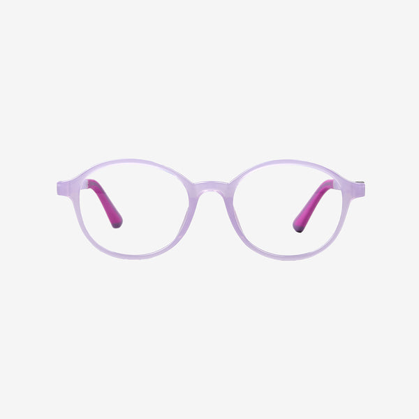 Minimuse kids round glasses in clear and lavender transparent frames featuring flexible spring hinges and adjustable temple tips for children ages 4-6. Front view.