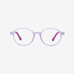 Minimuse kids round glasses in clear and lavender transparent frames featuring flexible spring hinges and adjustable temple tips for children ages 4-6. Front view.