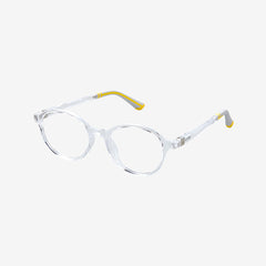 Minimuse kids round glasses in clear transparent frames featuring flexible spring hinges and adjustable temple tips for children ages 4-6. Side view.
