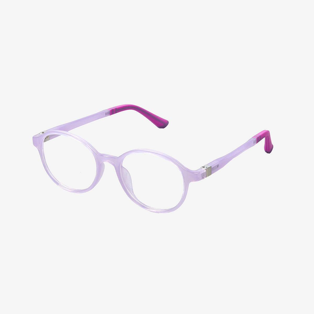 Minimuse kids round glasses in  purple and lavender transparent frames featuring flexible spring hinges and adjustable temple tips for children ages 4-6. Side view.
