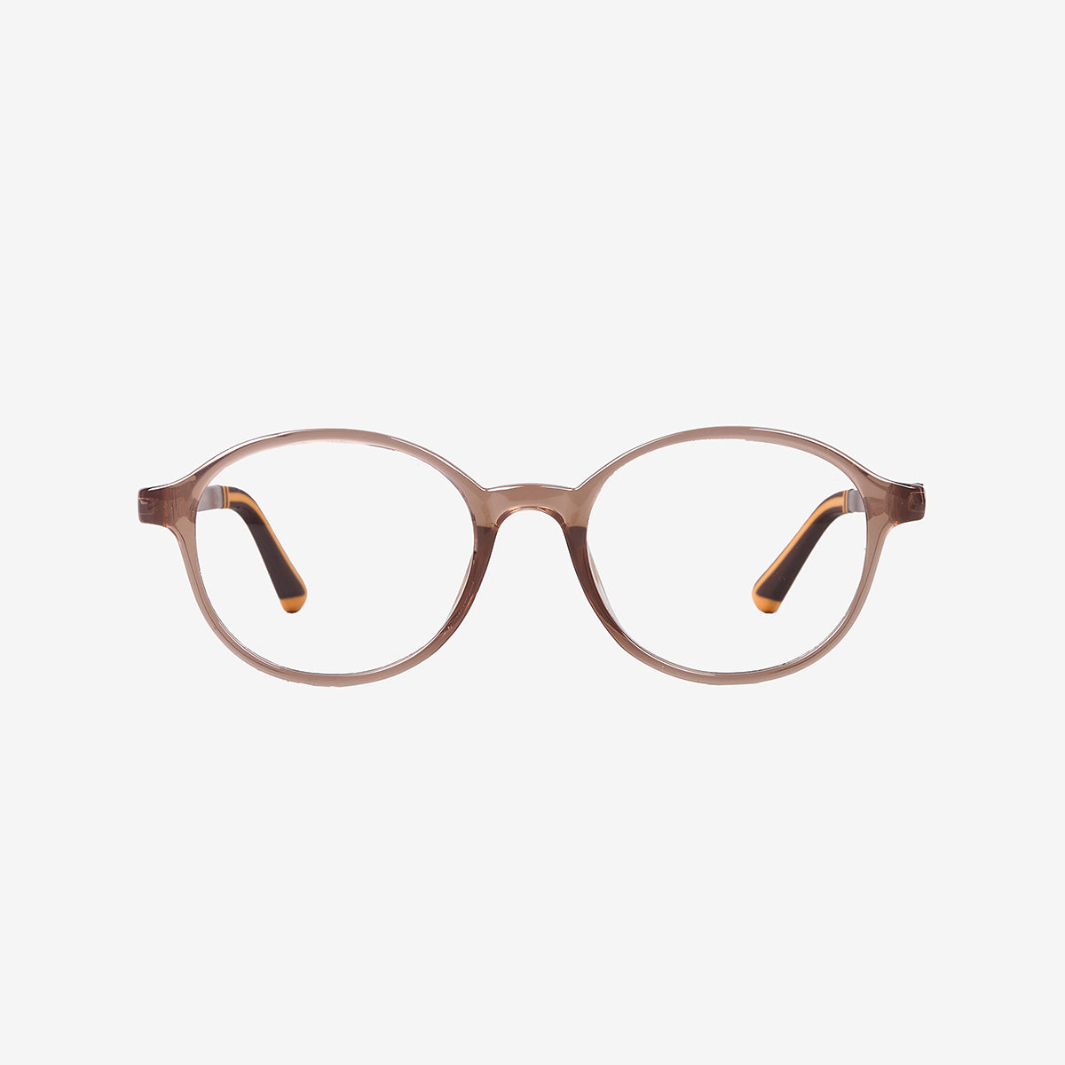Minimuse kids round glasses in transparent brown frames featuring flexible spring hinges and adjustable temple tips for children ages 4-6. Front view.
