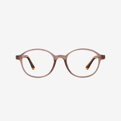 Minimuse kids round glasses in transparent brown frames featuring flexible spring hinges and adjustable temple tips for children ages 4-6. Front view.
