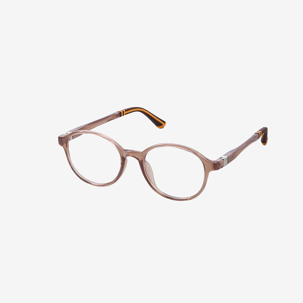 Minimuse kids round glasses in transparent brown frames featuring flexible spring hinges and adjustable temple tips for children ages 4-6. Side view.
