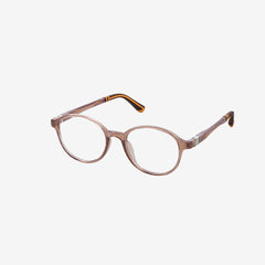 Minimuse kids round glasses in transparent brown frames featuring flexible spring hinges and adjustable temple tips for children ages 4-6. Side view.
