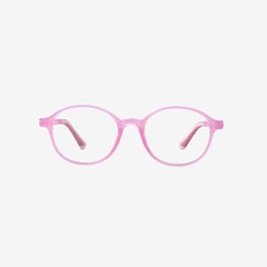 Minimuse kids round glasses in transparent pink frames featuring flexible spring hinges and adjustable temple tips for children ages 4-6. Front view.