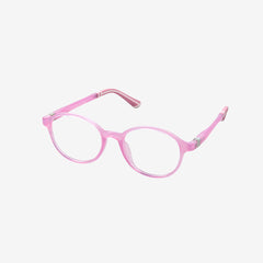 Minimuse kids round glasses in transparent pink frames featuring flexible spring hinges and adjustable temple tips for children ages 4-6. Side view.
