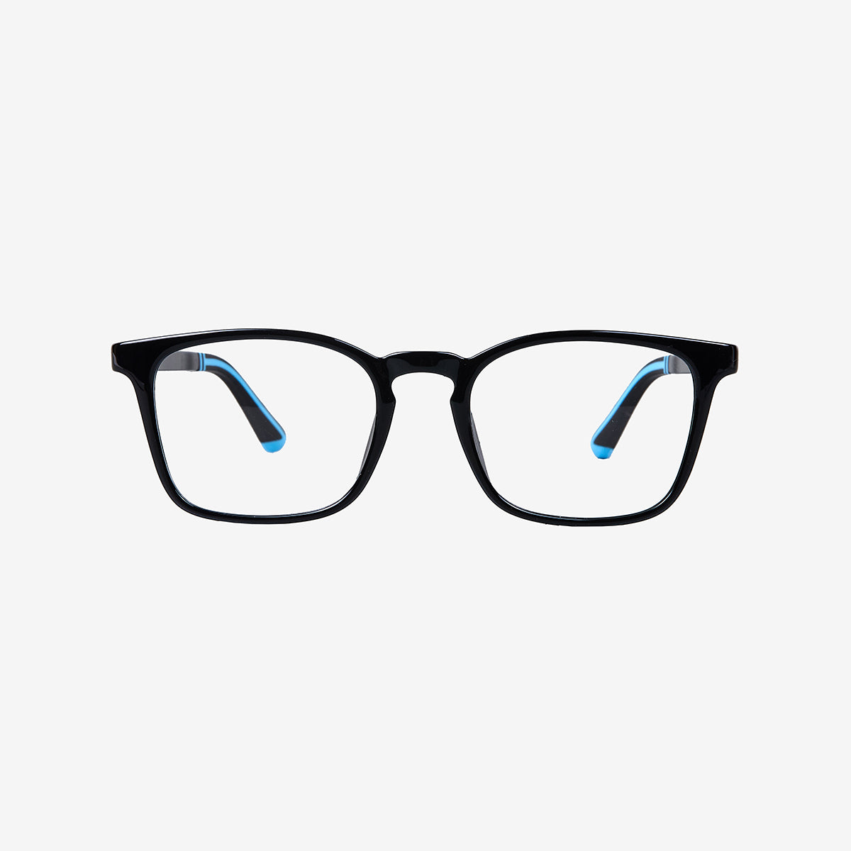 Minimuse kids square glasses in black frame, showcasing flexible spring hinges and adjustable temple tips for kids aged 7-9. Front view.
