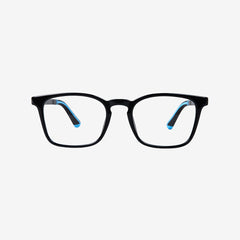 Minimuse kids square glasses in black frame, showcasing flexible spring hinges and adjustable temple tips for kids aged 7-9. Front view.
