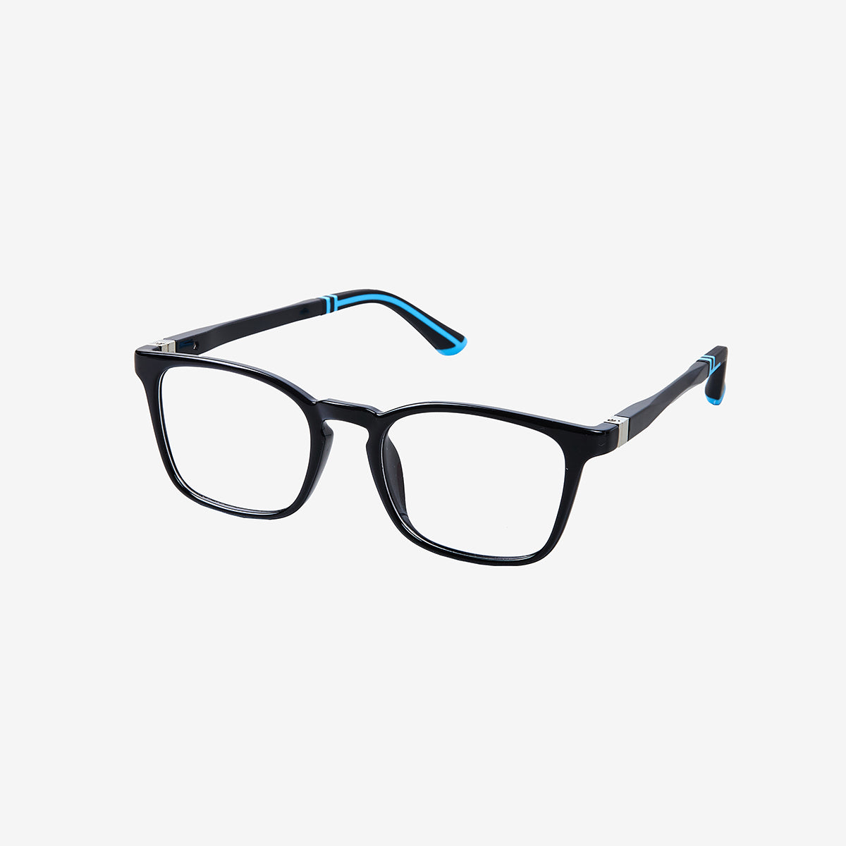 Minimuse kids square glasses in a black frame, showcasing flexible spring hinges and adjustable temple tips for kids aged 7-9. Side view.

