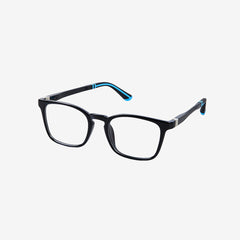 Minimuse kids square glasses in a black frame, showcasing flexible spring hinges and adjustable temple tips for kids aged 7-9. Side view.
