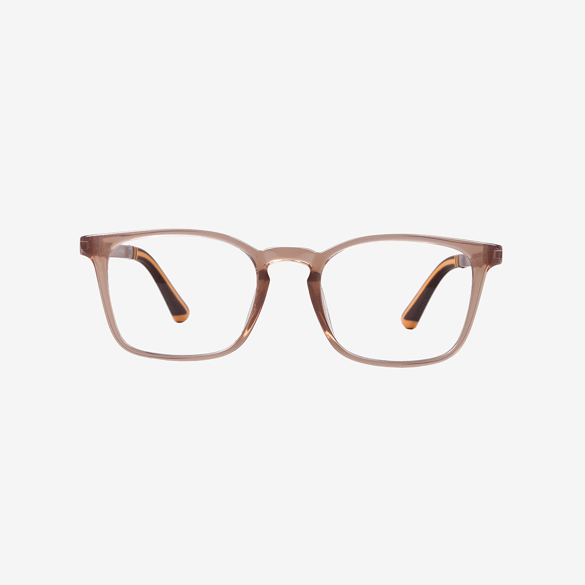 Minimuse kids square glasses in a transparent brown frame, showcasing flexible spring hinges and adjustable temple tips for kids aged 7-9. Front view.

