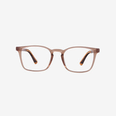 Minimuse kids square glasses in a transparent brown frame, showcasing flexible spring hinges and adjustable temple tips for kids aged 7-9. Front view.
