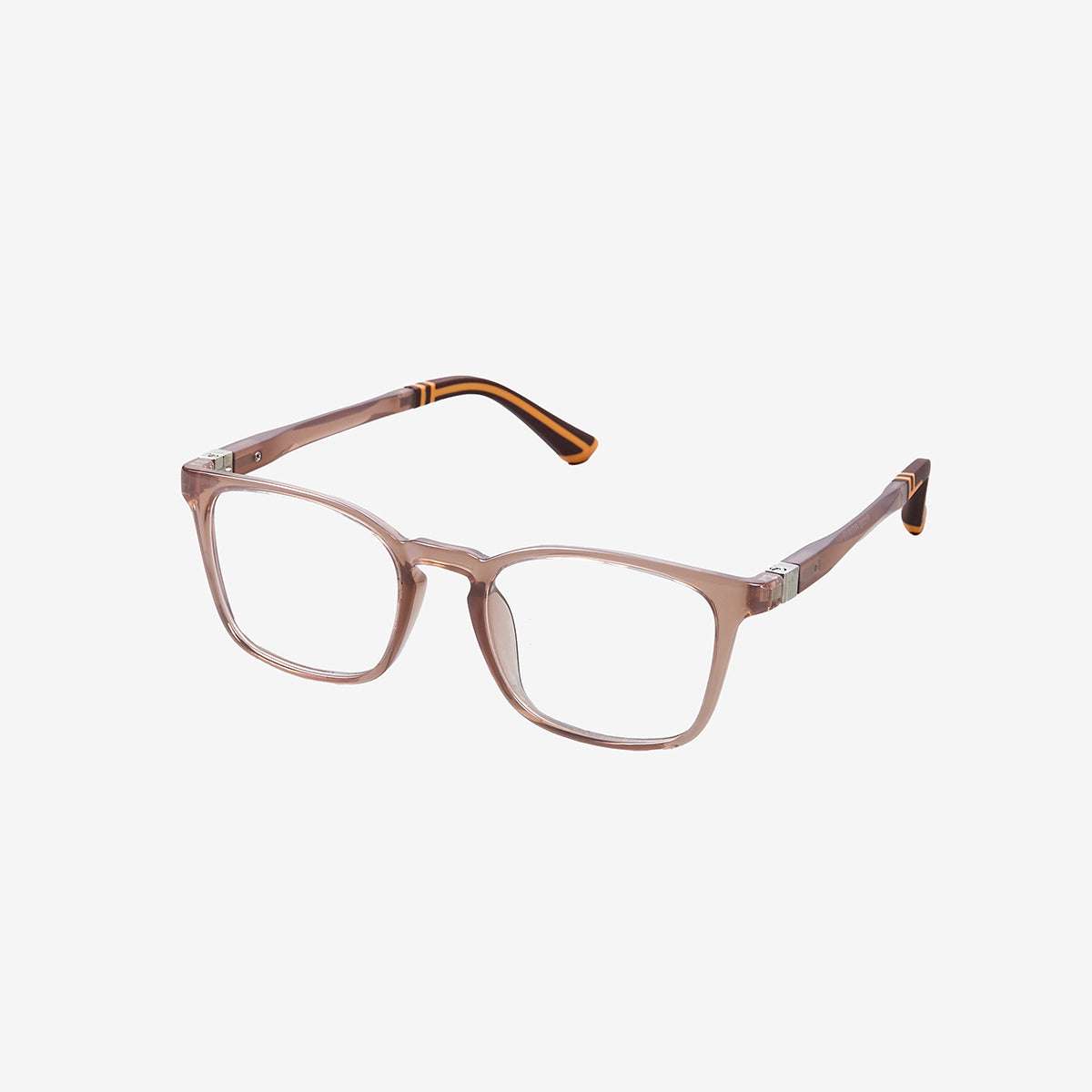 Minimuse kids square glasses in a transparent brown frame, showcasing flexible spring hinges and adjustable temple tips for kids aged 7-9. Side view.
