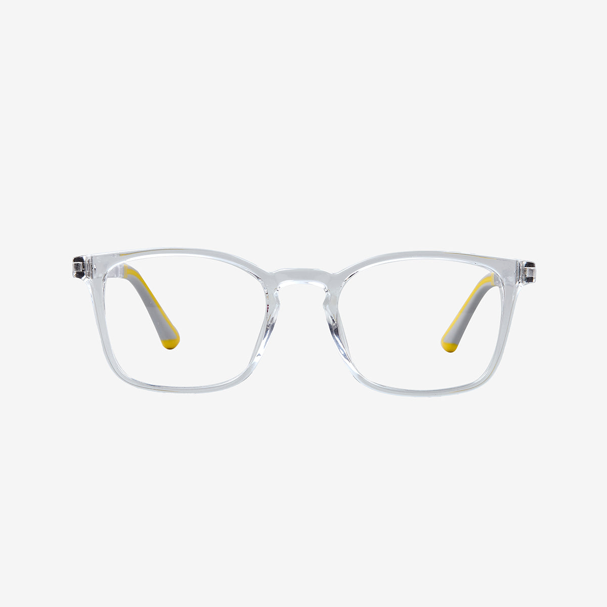 Minimuse kids square glasses in a transparent clear frame, showcasing flexible spring hinges and adjustable temple tips for kids aged 7-9. Front view.
