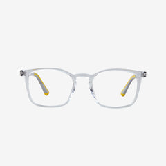 Minimuse kids square glasses in a transparent clear frame, showcasing flexible spring hinges and adjustable temple tips for kids aged 7-9. Front view.
