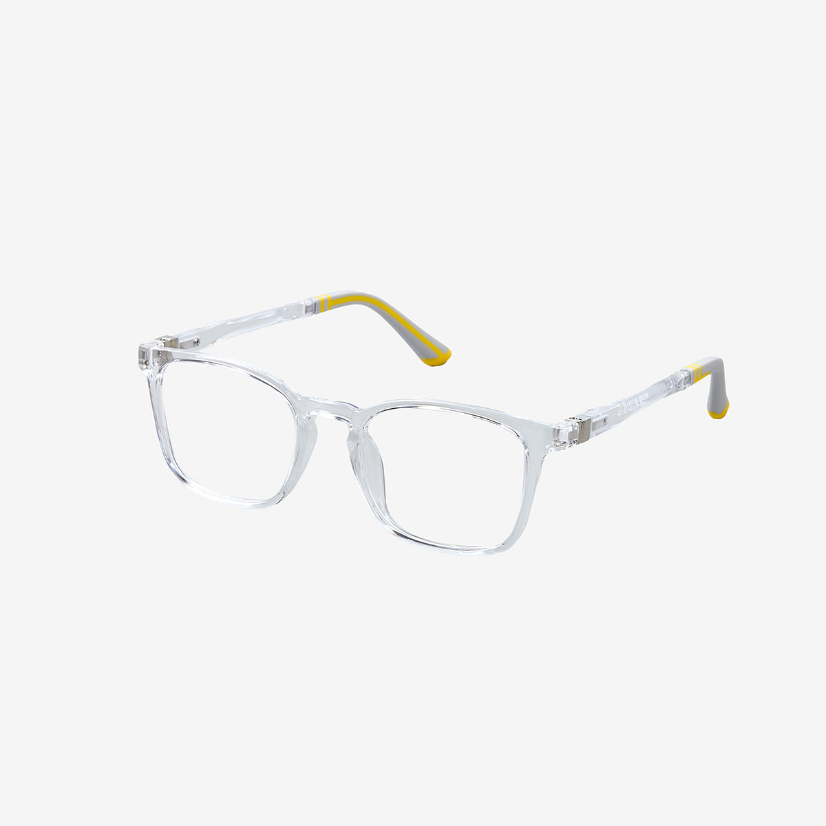 Minimuse kids square glasses in a transparent clear frame, showcasing flexible spring hinges and adjustable temple tips for kids aged 7-9. Side view.
