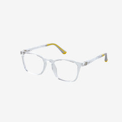 Minimuse kids square glasses in a transparent clear frame, showcasing flexible spring hinges and adjustable temple tips for kids aged 7-9. Side view.
