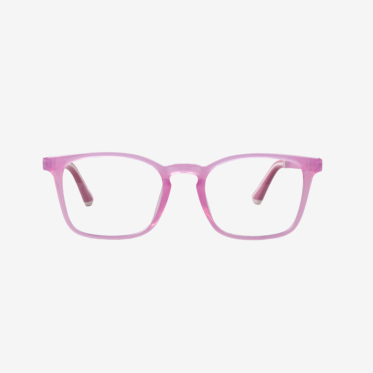 Minimuse kids square glasses in a transparent pink frame, showcasing flexible spring hinges and adjustable temple tips for kids aged 7-9. Front view.