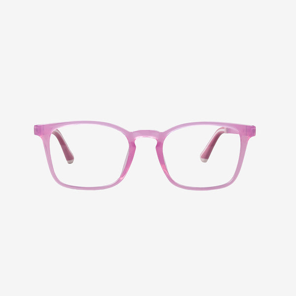 Minimuse kids square glasses in a transparent pink frame, showcasing flexible spring hinges and adjustable temple tips for kids aged 7-9. Front view.