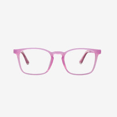 Minimuse kids square glasses in a transparent pink frame, showcasing flexible spring hinges and adjustable temple tips for kids aged 7-9. Front view.