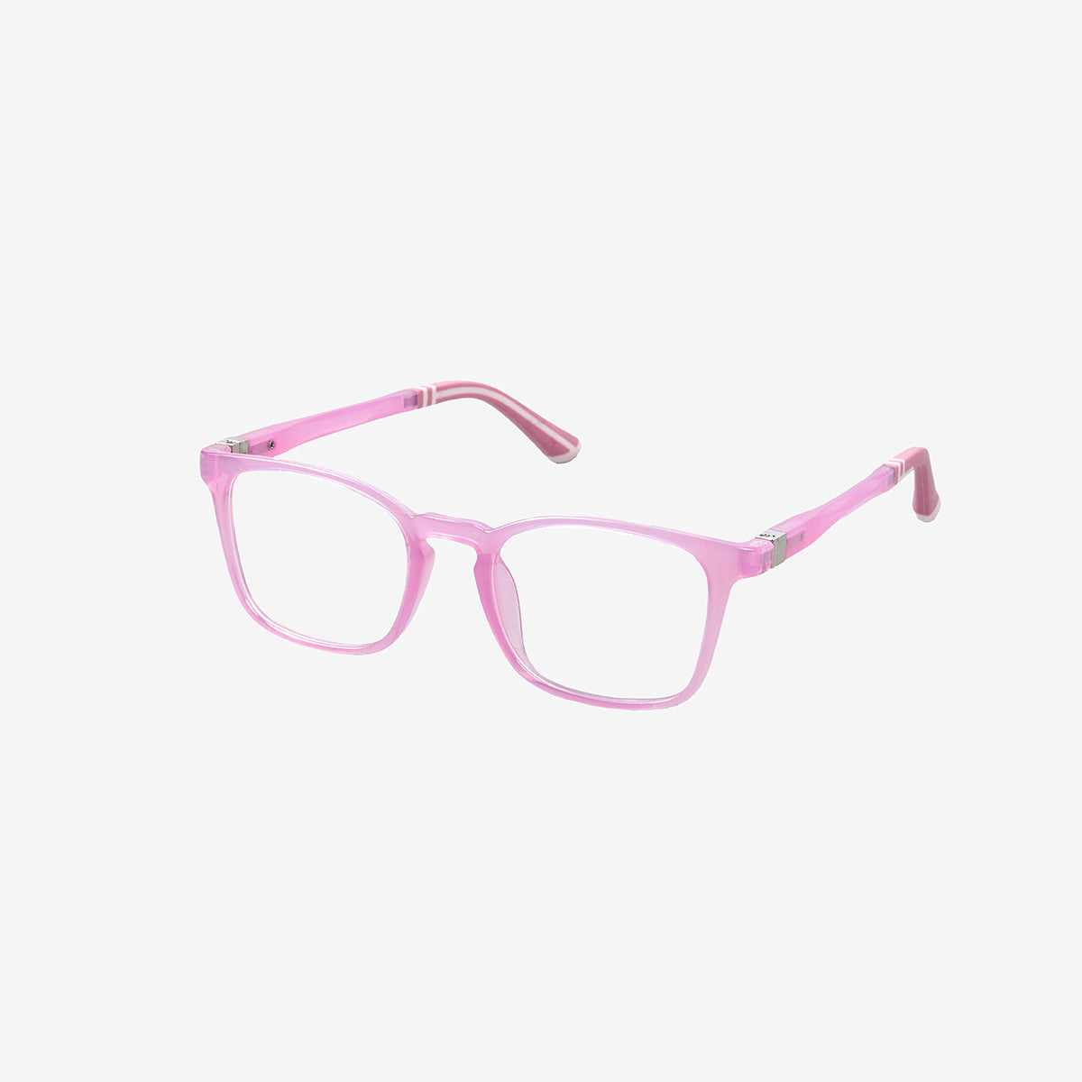 Minimuse kids square glasses in a transparent pink frame, showcasing flexible spring hinges and adjustable temple tips for kids aged 7-9. Side view.
