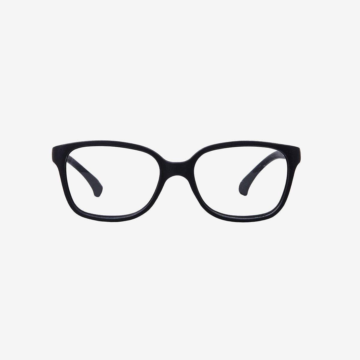 Front perspective view of black flexible kids prescription glasses with an adjustable black elastic head strap on a plain white background.