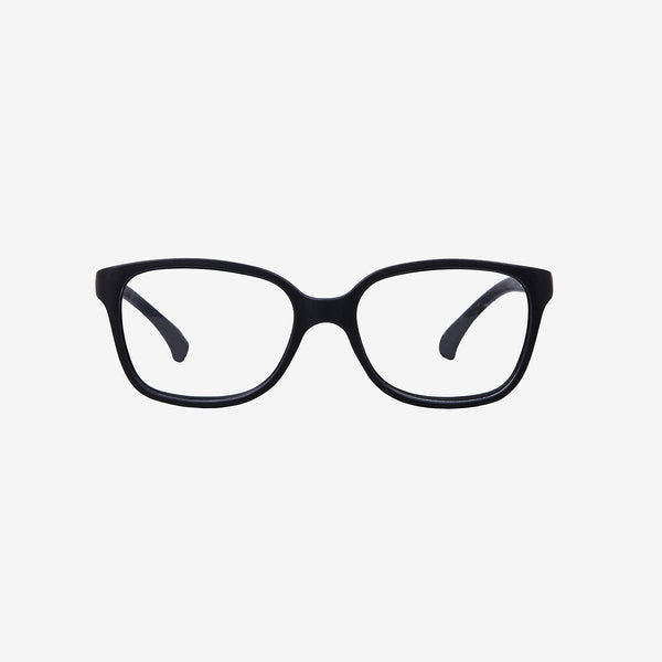 Front perspective view of black flexible kids prescription glasses with an adjustable black elastic head strap on a plain white background.